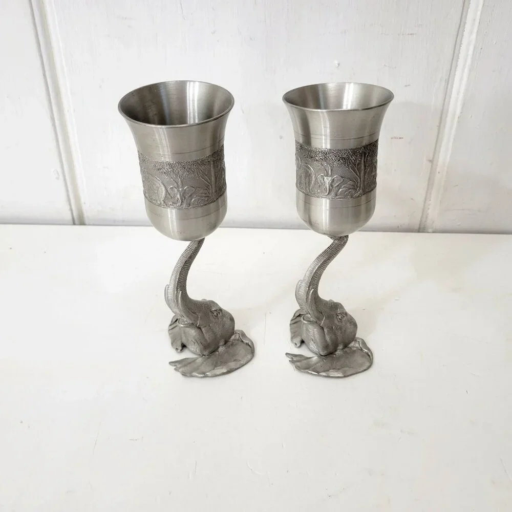 Elephant-Themed Pewter Wine Goblets Pair - Picture 11 of 11